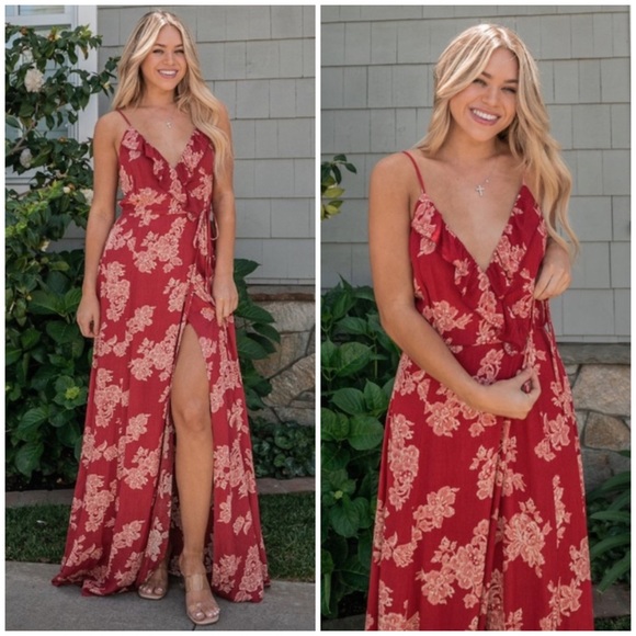 Dresses & Skirts - SOLD OUT Rust Floral Rayon Gauze Neck Ruffle Wrap Style Front Slit Sleeveless